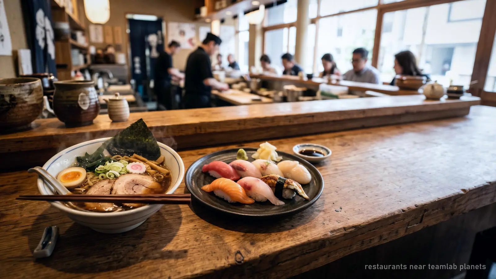 Illustration: a bowl of ramen and a plate of nigiri sushi on a wooden counter, the food on offer near teamLab Planets in Toyosu
