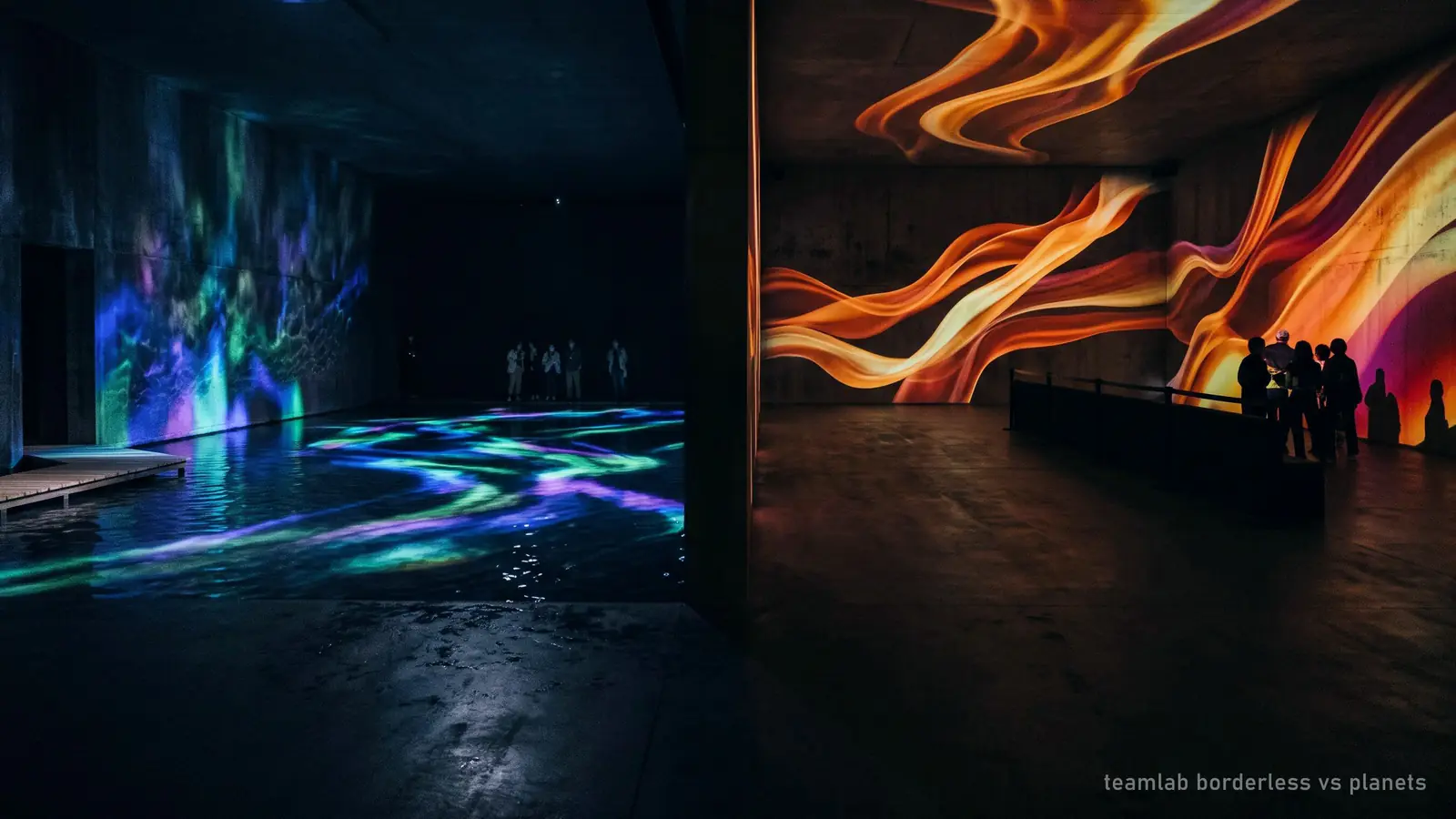Illustration comparing two kinds of digital art space: a dark room of shallow water and light, and a dry room of projected colour