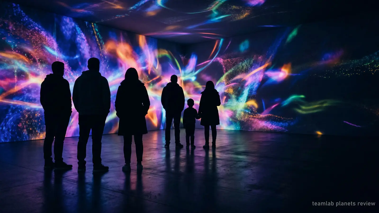 Illustration: visitors seen from behind in a dark room of colourful light