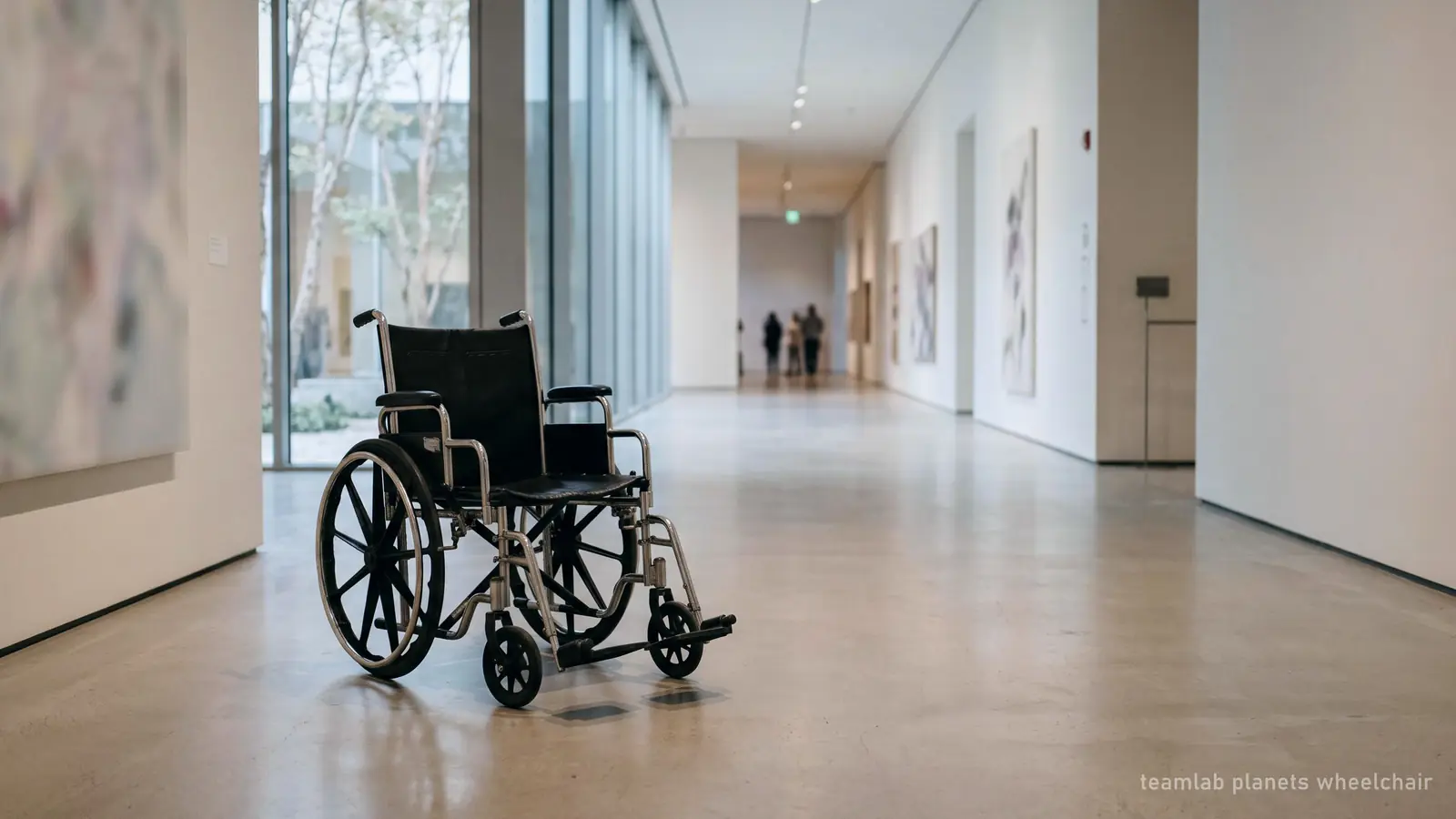 Illustration: a standard wheelchair in a softly lit museum corridor