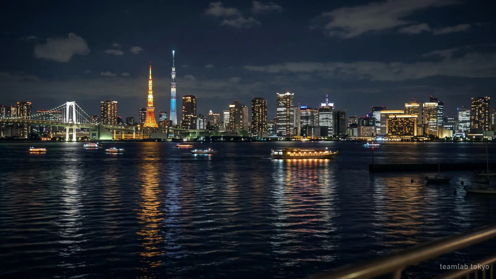 Illustration: the Tokyo skyline at night from the bay, the city where the two teamLab museums are