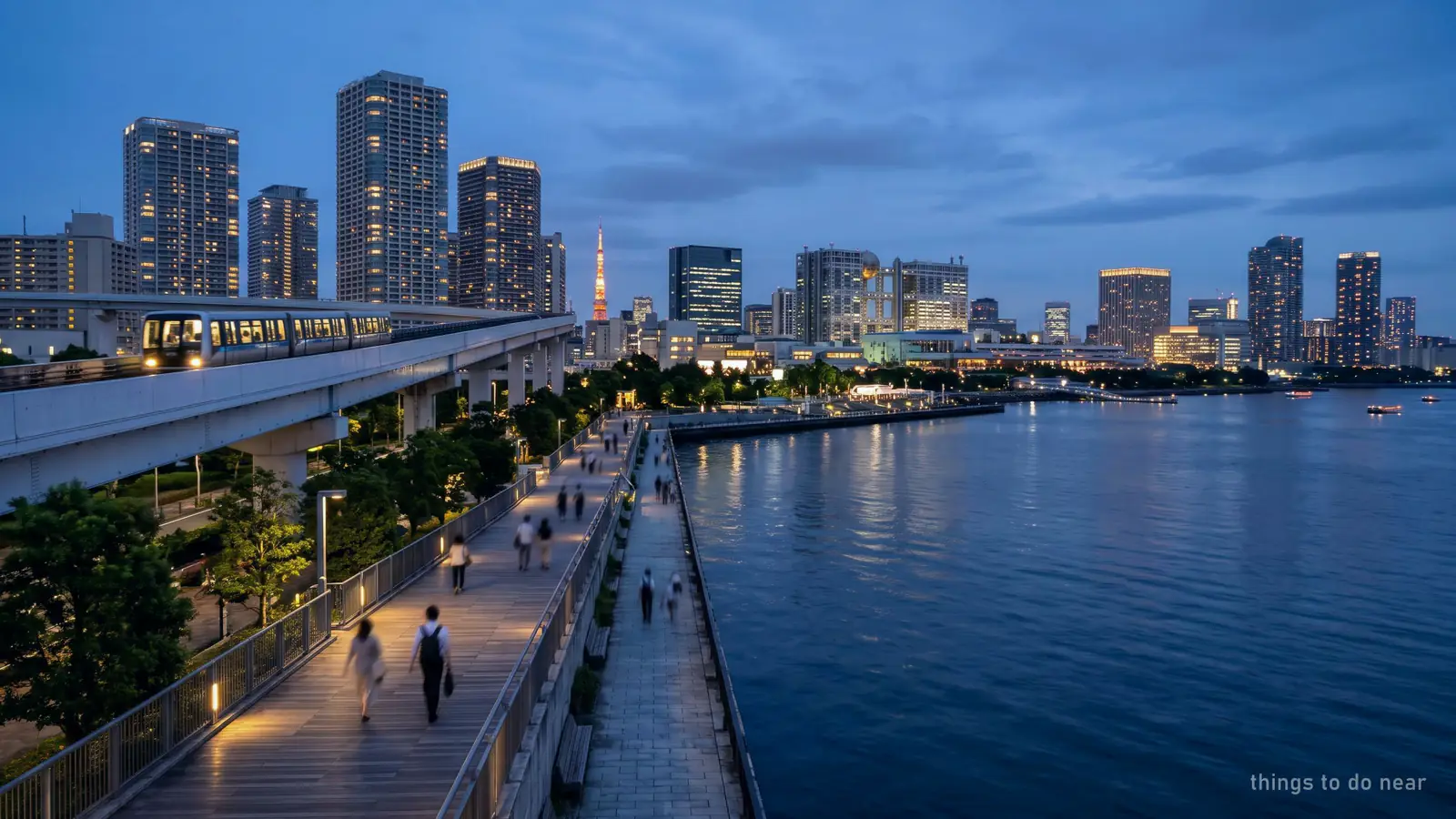 Illustration: a Tokyo bayside promenade with towers and an elevated train at dusk, like the Toyosu waterfront near teamLab Planets
