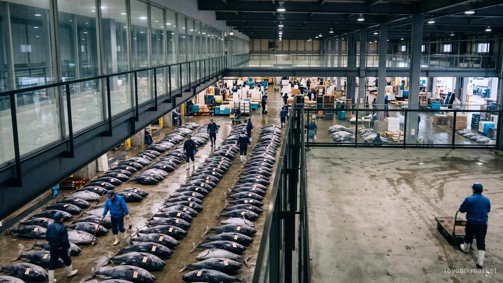 Illustration: a wholesale fish market floor with rows of tuna seen from a gallery above, as visitors see Toyosu Market