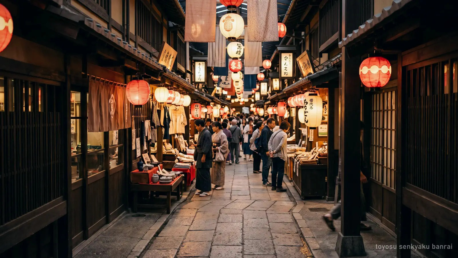 Illustration: an Edo-style market street with wooden shopfronts and lanterns, like the one at Toyosu Senkyaku Banrai